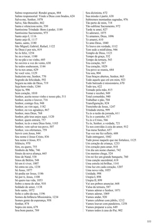Salmo responsorial: Rendei graças, 884
Salmo responsorial: Vinde a Deus com brados, 624
Salva-me, Senhor, 1078
Salve, São Benedito, 862
Santa e silenciosa noite, 550
Santíssima Trindade: Bom é poder, 1189
Santíssimo Sacramento, 975
Santo anjo I, 1116
Santo anjo II, 1117
Santo, santo, 1180
São Miguel, Gabriel, Rafael, 1122
Se Deus é por nós, 819
Se és feliz, 1254
Se eu o tocar, 1100
Se no pão e no vinho, 685
Se ouvires a voz do vento, 630
Se todos soubessem, 1144
Se tu nos amas, 629
Se você veio, 1129
Seduziste-me, Senhor, 770
Segredo da felicidade, 592
Segura na mão de Deus, 719
Seja bem-vindo, 1244
Sejas tu, 996
Sem coração, 1010
Senhor, aceita nosso vinho e nosso pão, 511
Senhor, aceita o louvor, 716
Senhor, comigo fica, 948
Senhor, eu vim aqui, 1182
Senhor, eu vos agradeço, 867
Senhor, meu Deus, 768
Senhor, põe teus anjos aqui, 1120
Senhor, quem entrará, 757
Senhor, tu és o meu Deus forte, 1183
Senhor, vem salvar teu povo, 507
Senhor, vos ofertamos, 759
Servir com Jesus, 844
Seu nome é Jesus Cristo, 836
Seu nome é Jesus, 851
Silêncio, 970
Sim, eu quero, 755
Símbolo de Mãe, 746
Sinais da nova aliança, 665
Sino de Natal, 538
Sinos de Belém, 548
Só em ti viver, 1007
Só entra no céu, 1238
Só Jesus, 1077
Só podia ser Jesus, 1186
Só por ti, Jesus, 1108
Só quero tua vida, 1053
Sobre a mesa do altar, 910
Soldado do amor, 1138
Solo santo, 1072
Solte o cabo da nau, 1196
Somos da Infância Missionária, 1234
Somos gente da esperança, 958
Sonhar, 874
Sopra em mim, 679
Sou bom pastor, 789
Sou dizimista, 672
Sua missão é partir, 638
Subiremos montanhas sagradas, 976
Tão perto de mim, 718
Tão sublime Sacramento, 972
Tarde te amei, 827
Te adorarei, 1075
Te amamos, Deus, 1096
Te amarei, 610
Te amo Deus, 1040
Te louvo em verdade, 1112
Tem sede a minh'alma, 946
Templo de Deus, 1123
Tempo da graça, 552
Tempo da ternura, 543
Teu coração, 567
Teu coração, 1029
Teu povo se reuniu, 684
Teu sou, 804
Teus braços abertos, Senhor, 865
Todo aquele que crê em mim, 923
Todo batizado é missionário, 670
Todo teu, 622
Tomado pela mão, 815
Tomai e recebei, 949
Total comunhão, 940
Trabalhar o pão, 704
Transfiguração, 824
Trenzinho de Jesus, 1247
Trindade eterna, 999
Tu és a razão da jornada, 611
Tu és o caminho, 817
Tu és o Cristo, 566
Tu és, Senhor, a verdade, 721
Tu nos convidas à ceia do amor, 912
Tua mesa Senhor, 657
Tua voz me fez refletir, 608
Tudo entregarei, 1042
Tudo posso naquele que me fortalece, 1125
Um coração de criança, 1233
Um coração para amar, 818
Um dia um nome chamei, 742
Um menino chega, 524
Um rei fez um grande banquete, 760
Uma canção sacerdotal, 618
Uma estrela irá brilhar, 1141
Uma luz em cada coração, 1207
Uma nova vida, 1055
Unidade, 998
Utopia I, 898
Utopia II, 899
Vai aos pobres anunciar, 668
Valsa da ternura, 587
Vamos adorar o Senhor, 1071
Vamos adorar, 1069
Vamos andar, 920
Vamos celebrar com júbilo, 1212
Vamos louvar com pandeiros, 1258
Vamos preparar a ceia, 649
Vamos todos à casa do Pai, 902
553
 
