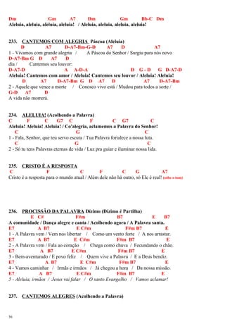 Dm Gm A7 Dm Gm Bb-C Dm
Aleluia, aleluia, aleluia, aleluia! / Aleluia, aleluia, aleluia, aleluia!
233. CANTEMOS COM ALEGRIA Páscoa (Aleluia)
D A7 D-A7-Bm-G-D A7 D A7
1 - Vivamos com grande alegria / A Páscoa do Senhor / Surgiu para nós novo
D-A7-Bm G D A7 D
dia / Cantemos seu louvor:
D-A7-D A A-D-A D G - D G D-A7-D
Aleluia! Cantemos com amor / Aleluia! Cantemos seu louvor / Aleluia! Aleluia!
D A7 D-A7-Bm G D A7 D A7 D-A7-Bm
2 - Aquele que vence a morte / Conosco vivo está / Mudou para todos a sorte /
G-D A7 D
A vida não morrerá.
234. ALELUIA! (Acolhendo a Palavra)
C F C G7 C F C G7 C
Aleluia! Aleluia! Aleluia! / Co'alegria, aclamemos a Palavra do Senhor!
C G C
1 - Fala, Senhor, que teu servo escuta / Tua Palavra fortalece a nossa luta.
C G C
2 - Só tu tens Palavras eternas de vida / Luz pra guiar e iluminar nossa lida.
235. CRISTO É A RESPOSTA
C F C F C G A7
Cristo é a resposta para o mundo atual / Além dele não há outro, só Ele é real! (sobe o tom)
236. PROCISSÃO DA PALAVRA Dízimo (Dízimo é Partilha)
E C# F#m B7 E B7
A comunidade / Dança alegre e canta / Acolhendo agora / A Palavra santa.
E7 A B7 E C#m F#m B7 E
1 - A Palavra vem / Vem nos libertar / Como um vento forte / A nos arrastar.
E7 A B7 E C#m F#m B7 E
2 - A Palavra vem / Fala ao coração / Chega como chuva / Fecundando o chão.
E7 A B7 E C#m F#m B7 E
3 - Bem-aventurado / E povo feliz / Quem vive a Palavra / E a Deus bendiz.
E7 A B7 E C#m F#m B7 E
4 - Vamos caminhar / Irmãs e irmãos / Já chegou a hora / Da nossa missão.
E7 A B7 E C#m F#m B7 E
5 - Aleluia, irmãos / Jesus vai falar / O santo Evangelho / Vamos aclamar!
237. CANTEMOS ALEGRES (Acolhendo a Palavra)
56
 