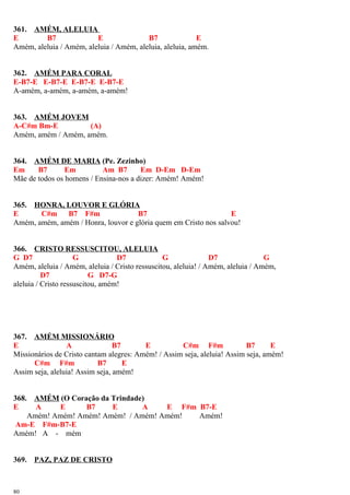 361. AMÉM, ALELUIA
E B7 E B7 E
Amém, aleluia / Amém, aleluia / Amém, aleluia, aleluia, amém.
362. AMÉM PARA CORAL
E-B7-E E-B7-E E-B7-E E-B7-E
A-amém, a-amém, a-amém, a-amém!
363. AMÉM JOVEM
A-C#m Bm-E (A)
Amém, amém / Amém, amém.
364. AMÉM DE MARIA (Pe. Zezinho)
Em B7 Em Am B7 Em D-Em D-Em
Mãe de todos os homens / Ensina-nos a dizer: Amém! Amém!
365. HONRA, LOUVOR E GLÓRIA
E C#m B7 F#m B7 E
Amém, amém, amém / Honra, louvor e glória quem em Cristo nos salvou!
366. CRISTO RESSUSCITOU, ALELUIA
G D7 G D7 G D7 G
Amém, aleluia / Amém, aleluia / Cristo ressuscitou, aleluia! / Amém, aleluia / Amém,
D7 G D7-G
aleluia / Cristo ressuscitou, amém!
367. AMÉM MISSIONÁRIO
E A B7 E C#m F#m B7 E
Missionários de Cristo cantam alegres: Amém! / Assim seja, aleluia! Assim seja, amém!
C#m F#m B7 E
Assim seja, aleluia! Assim seja, amém!
368. AMÉM (O Coração da Trindade)
E A E B7 E A E F#m B7-E
Amém! Amém! Amém! Amém! / Amém! Amém! Amém!
Am-E F#m-B7-E
Amém! A - mém
369. PAZ, PAZ DE CRISTO
80
 
