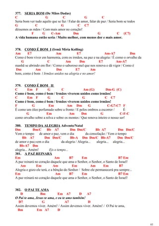 377. SERIA BOM (De Mãos Dadas)
C G C G C
Seria bom ver tudo aquilo que se faz / Falar de amor, falar de paz / Seria bom se todos
G C G C C7
déssemos as mãos / Com mais amor no coração!
F G C-Am Dm G C (C7)
A vida humana então seria / Muito melhor, com menos dor e mais amor.
378. COMO É BOM I (Irmã Míria Kolling)
Am E7 Am E7 Am-A7 Dm
Como é bom viver em harmonia, com os irmãos, na paz e na alegria / É como o orvalho da
G C Am Dm E7 Am-A7
manhã se abrindo em flor / Como o saboroso mel que nos renova e dá vigor / Como é
Dm Am Dm E7 Am
bom, como é bom / Irmãos unidos na alegria e no amor!
379. COMO É BOM II
C Em F G C Am (G) Dm-G (C)
Como é bom, como é bom / Irmãos viverem unidos como irmãos!
C Em F G C G C C7
Como é bom, como é bom / Irmãos viverem unidos como irmãos!
F G Em Am Dm G C-G7-C7 F
É como um óleo perfumado sobre a fronte / E pelos ombros a escorrer / É
G Em Am Dm G C-F-C
como orvalho sobre a relva e sobre os montes / Que renova inteiro o nosso ser!
380. TEMPO DA ALEGRIA Advento/Natal
Dm Dm/C Bb A7 Dm Dm/C Bb A7 Dm Dm/C
Vem o tempo de amor e paz, vem o dia da consolação / Vem o tempo
Bb A7 Dm Dm/C Bb-A Dm Dm/C Bb-A7 Dm Dm/C
de amor e paz,vem o dia da alegria / Alegria... alegria... alegria...
Bb-A7 Dm
alegria... Amém! Eis o tempo...
381. A PAZ REINARÁ
Em Am B7 Em B7 Em
A paz reinará no coração daquele que ama o Senhor, o Senhor, o Santo de Israel!
Am Em Am Em Am Em B7
Alegria e gozo ele terá, e a bênção do Senhor / Sobre ele permanecerá pra sempre...
Em Am B7 Em B7 Em
A paz reinará no coração daquele que ama o Senhor, o Senhor, o Santo de Israel!
382. O PAI TE AMA
D Bm Em A7 D A7
O Pai te ama, Jesus te ama, e eu te amo também!
D7 G A7 D
Assim devemos viver. Amém! / Assim devemos viver. Amém! / O Pai te ama,
Bm Em A7 D
83
 