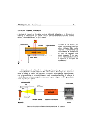 A Radiologia Industrial - Ricardo Andreucci                                                                46



Conversor Universal de Imagem

A captura da imagem na forma de um sinal elétrico é feita atravé s de detetores de
radiação no estado sólido que tornam possível converter a radiação ionizante em sinal
elétrico, conforme mostrado na figura abaixo:



     Contato Elétrico
                                           Radiação                            Esquema de um detetor no
                                                         Camada de Fósforo
                                                                               estado sólido de germânio ou
                                                                               silício, utilizada São muito
                                                                               sensíveis, e o sinal elétrico que
                                                                               sai do detetor é proporcional
                            Germânio ou Silício
                                                                               ao fóton de radiação que
                                                       Eletrodo metálico
                                                                               atingiu o detetor. É uma das
                        Contato Elétrico                                       formas eficazes de transformar
       R                                                                       a exposição à radiação em
                                                                               sinal elétrico .
i




Os detetores de estado sólido são formados pela parte superior que contém um material
a base de fós foro que emite luz (cintilação) pela passagem da radiação, que por sua vez
incide no núcleo do detetor que por efeito foto-elétrico emite elétrons, dando origem a
uma corrente elétrica no terminal do detetor, que é proporcional ao fóton de radiação de
entrada. Esta corrente elétrica pode ser usada para gerar imagens em TV, gravação em
vídeo, digitalização e outros.

      attenuation image
                                                                                           monitor image
               FDD
                                      digital signal

       FOD
                                                        Data acquisition and
                                                           digital image
                                                            processing


              test sample

                              flat panel detector      image processing system

 X-ray tube                                                                                   monitor


                   Sistema de Radioscopia usando captura digital da imagem
 