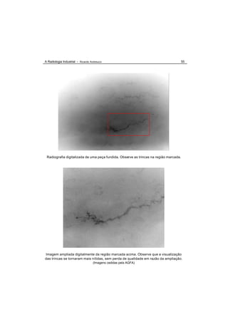 A Radiologia Industrial - Ricardo Andreucci                                            55




 Radiografia digitalizada de uma peça fundida. Observe as trincas na região marcada.




Imagem ampliada digitalmente da região marcada acima. Observe que a visualização
das trincas se tornaram mais nítidas, sem perda de qualidade em razão da ampliação.
                                    (Imagens cedidas pela AGFA)
 