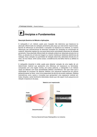 A Radiologia Industrial - Ricardo Andreucci                                              7




  P      rincípios e Fundamentos

Descrição Genérica do Método e Aplicações

A radiografia é um método usado para inspeção não destrutiva que baseia-se na
absorção diferenciada da radiação penetrante pela peça que está sendo inspecionada.
Devido às diferenças na densidade e variações na espessura do material, ou mesmo
diferenças nas características de absorção causadas por variações na composição do
material, diferentes regiões de uma peça absorverão quantidades diferentes da radiação
penetrante. Essa absorção diferenciada da radiação poderá ser detectada através de um
filme, ou através de um tubo de imagem ou mesmo medida por detetores eletrônicos de
radiação. Essa variação na quantidade de radiação absorvida, detectada através de um
meio, irá nos indicar, entre outras coisas, a existência de uma falha interna ou defeito no
material.

A radiografia industrial é então usada para detectar variação de uma região de um
determinado material que apresenta uma diferença em espessura ou densidade
comparada com uma região vizinha, em outras palavras, a radiografia é um método
capaz de detectar com boas sensibilidade defeitos volumétricos. Isto quer dizer que a
capacidade do processo de detectar defeitos com pequenas espessuras em planos
perpendiculares ao feixe, como trinca dependerá da técnica de ensaio realizado. Defeitos
volumétricos como vazios e inclusões que apresentam uma espessura variável em
todas direções, serão facilmente detectadas desde que não sejam muito pequenos em
relação à espessura da peça.




                      Técnica Geral de Ensaio Radiográfico na indústria
 