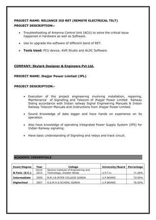 PROJECT NAME: RELIANCE JIO RET (REMOTE ELECTRICAL TILT)
PROJECT DESCRIPTION:-
 Troubleshooting of Antenna Control Unit (ACU) to solve the critical issue
happened in hardware as well as Software.
 Use to upgrade the software of different band of RET.
 Tools Used: PCU device, AVR Studio and ALDC Software.
COMPANY: Skylark Designer & Engineers Pvt Ltd.
PROJECT NAME: Jhajjar Power Limited (JPL)
PROJECT DESCRIPTION:-
 Execution of the project engineering involving installation, repairing,
Maintenance of Signalling and Telecom of Jhajjar Power Limited Railway
Siding accordance with Indian railway Signal Engineering Manuals & Indian
Railway Telecom Manuals and Instructions from Jhajjar Power Limited.
 Sound Knowledge of data logger and have hands on experience on its
operation.
 Also have knowledge of operating Integrated Power Supply System (IPS) for
Indian Railway signaling.
 Have basic understanding of Signaling and relays and track circuit.
ACADEMIC CREDENTIALS
Exam/Degree Year College University/Board Percentage
B.Tech. (E.C.)
2010-
2014
Skyline Institute of Engineering and
Technology, Greater Noida U.P.T.U. 71.28%
Intermediate 2009 B.M.J.B.INTER COLLEGE GONDA U.P.BOARD 72.00%
Highschool 2007 S.S.M.H.S.SCHOOL GONDA U.P.BOARD 76.00%
 