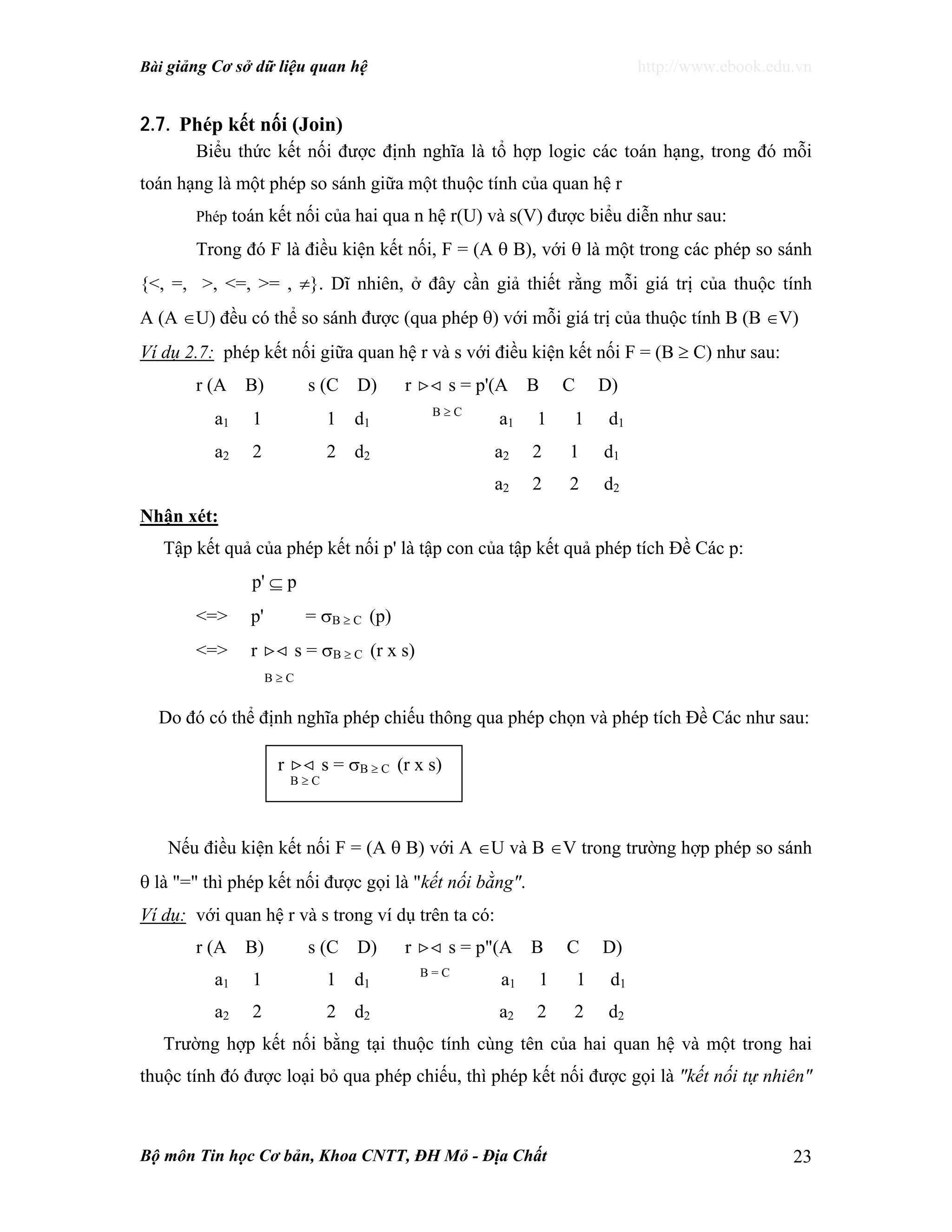 Bài giảng Cơ sở dữ liệu quan hệ http://www.ebook.edu.vn
Bộ môn Tin học Cơ bản, Khoa CNTT, ĐH Mỏ - Địa Chất 23
2.7. Phép kết nối (Join)
Biểu thức kết nối được định nghĩa là tổ hợp logic các toán hạng, trong đó mỗi
toán hạng là một phép so sánh giữa một thuộc tính của quan hệ r
Phép toán kết nối của hai qua n hệ r(U) và s(V) được biểu diễn như sau:
Trong đó F là điều kiện kết nối, F = (A θ B), với θ là một trong các phép so sánh
{<, =, >, <=, >= , ≠}. Dĩ nhiên, ở đây cần giả thiết rằng mỗi giá trị của thuộc tính
A (A ∈U) đều có thể so sánh được (qua phép θ) với mỗi giá trị của thuộc tính B (B ∈V)
Ví dụ 2.7: phép kết nối giữa quan hệ r và s với điều kiện kết nối F = (B ≥ C) như sau:
r (A B) s (C D) r >< s = p'(A B C D)
a1 1 1 d1
B ≥ C
a1 1 1 d1
a2 2 2 d2 a2 2 1 d1
a2 2 2 d2
Nhận xét:
Tập kết quả của phép kết nối p' là tập con của tập kết quả phép tích Đề Các p:
p' ⊆ p
<=> p' = σB ≥ C (p)
<=> r >< s = σB ≥ C (r x s)
B ≥ C
Do đó có thể định nghĩa phép chiếu thông qua phép chọn và phép tích Đề Các như sau:
Nếu điều kiện kết nối F = (A θ B) với A ∈U và B ∈V trong trường hợp phép so sánh
θ là "=" thì phép kết nối được gọi là "kết nối bằng".
Ví dụ: với quan hệ r và s trong ví dụ trên ta có:
r (A B) s (C D) r >< s = p"(A B C D)
a1 1 1 d1
B = C
a1 1 1 d1
a2 2 2 d2 a2 2 2 d2
Trường hợp kết nối bằng tại thuộc tính cùng tên của hai quan hệ và một trong hai
thuộc tính đó được loại bỏ qua phép chiếu, thì phép kết nối được gọi là "kết nối tự nhiên"
r >< s = σB ≥ C (r x s)
B ≥ C
 
