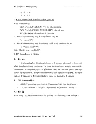 Bài giảng Cơ sở dữ liệu quan hệ http://www.ebook.edu.vn
Bộ môn Tin học Cơ bản, Khoa CNTT, ĐH Mỏ - Địa Chất 25
e d c d
e d e f
3. Các ví dụ về tìm kiếm bằng đại số quan hệ
Ví dụ có ba quan hệ:
S (S#, SNAME, STATUS, CITY) : các hãng cung ứng,
P (P#, PNAME, COLOR, WEIGHT, CITY) : các mặt hàng
SP(S#, P#, QTY) : các mặt hàng đã cung cấp
Tìm số hiệu của những hãng đã cung cấp mặt hàng P2
ΠS# (σP# = 'P2'(SP))
Tìm số hiệu của những hãng đã cung ứng ít nhất là một mặt hàng nàu đỏ
ΠS# (σCOLOR = 'RED'(P*SP))
hoặc ΠS# ((σCOLOR = 'RED'(P))*SP)
4. Kết luận chung và bài tập:
4.1. Kết luận
Nói chung các phép tính của đại số quan hệ là khá đơn giản, mạnh và là một đại
số có tính đầy đủ, không cần thủ tục. Tuy nhiên đây là ngôn ngữ khá gần ngôn ngữ lập
trình thủ tục, dễ dàng mở rộng và chủ yếu là làm cơ sở cho việc thiết lập các ngôn ngữ
con dữ liệu bậc cao hơn. Trong bài sau sẽ trình bày ngôn ngữ con dữ liệu SQL, đây ngôn
ngữ con dữ liệu quan hệ được xác nhận là rất mạnh, phổ dụng và lại dễ sử dụng.
4.2. Tài liệu tham khảo
- Lê Tiến Vương, Nhập môn Cơ sở dữ liệu quan hệ, NXB Giáo dục, Chương1
- P. O' Neil, Database - Principles, Programming, Performance, Chương 3
4.3. Bài tập
Bài 1 (trang 175), Nhập môn Cơ sở dữ liệu quan hệ, Lê Tiến Vương, NXB Thống Kê.
 