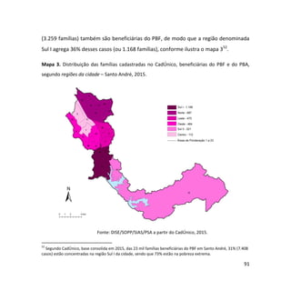 91
(3.259 famílias) também são beneficiárias do PBF, de modo que a região denominada
Sul I agrega 36% desses casos (ou 1.168 famílias), conforme ilustra o mapa 352
.
Mapa 3. Distribuição das famílias cadastradas no CadÚnico, beneficiárias do PBF e do PBA,
segundo regiões da cidade – Santo André, 2015.
Fonte: DISE/SOPP/SIAS/PSA a partir do CadÚnico, 2015.
52
Segundo CadÚnico, base consolida em 2015, das 23 mil famílias beneficiárias do PBF em Santo André, 31% (7.408
casos) estão concentradas na região Sul I da cidade, sendo que 73% estão na pobreza extrema.
 