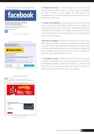 03Tudo o que você precisa sobre: Phishing
• O amigo em perigo - O criminoso tenta coibir a vítima a enviar
recursos financeiros passando por um familiar, amigo ou conhecido.
Os dados da vítima e outros detalhes do relacionamento são
conseguidos durante a fase de engenharia social do ataque, por meio
de perfis nas redes sociais.
• A conta com problema - Nesse tipo de phishing, a vítima recebe
uma comunicação de que há algum problema com seu cadastro em
redes sociais, fóruns ou outro serviço online. A mensagem frisa sempre
a importância de se realizar uma checagem de segurança ou troca de
senha. Ao clicar no link, o usuário é levado para um site malicioso que
sequestra suas informações.
• Meu banco amigável - O Brasil é um dos países com maior uso de
internet banking em todo o mundo e, como não poderia deixar de ser,
esse canal é sempre alvo de tentativas de phishing. A mensagem falsa
cita sempre uma falha de segurança ou necessidade de revalidação de
tokens, também pode citar uma operação financeira suspeita que
precisa da confirmação dos dados da vítima.
• A vantagem incrível - Pode ser um sorteio em que a vítima foi
premiada, a possibilidade de usar um app gratuitamente ou a oferta
de descontos imperdíveis. Nessa tática de ataque, o criminoso visa
fazer com que o usuário forneça dados para comprar o produto ou
receber a vantagem prometida, o que nunca acontece.
Mensagem falsa de cancelamento de conta do Facebook
Fonte: Portal Linha Defensiva
Mensagem falsa de suspeitas na conta bancária
Fonte: Portal G1
Mensagem falsa promocional
Fonte: Portal Baboo.com.br
 