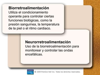 Biorretroalimentación
Utiliza el condicionamiento
operante para controlar ciertas
funciones biológicas, como la
presión sanguínea, la temperatura
de la piel o el ritmo cardiaco.
Neurorretroalimentación
Uso de la biorretroalimentación para
monitorear y controlar las ondas
encefálicas.
 