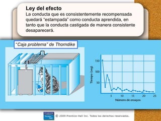 Ley del efecto
La conducta que es consistentemente recompensada
quedará “estampada” como conducta aprendida, en
tanto que la conducta castigada de manera consistente
desaparecerá.
“Caja problema” de Thorndike
 