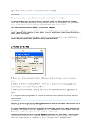 Figura 2 A coluna que contém números de telefone é um campo.

TEXTO DO CURSO



Tabelas armazenam dados e, por isso, são blocos de construção essenciais de qualquer banco de dados.

Um banco de dados deve possuir uma tabela individual para cada assunto principal, como registros de funcionários, pedidos de
clientes, métodos de transporte ou fornecedores. Os dados não devem ser duplicados em diversas tabelas. A duplicação de dados é
um erro comum, mas poderá ser facilmente evitada se você estruturar as suas tabelas de maneira eficiente.

Cada tabela contém linhas chamadas de registros e colunas chamadas de campos.


Um registro é um conjunto de fatos sobre uma determinada pessoa, evento, CD ou outro item de interesse. Por exemplo, Nancy
Davolio e os detalhes do seu emprego são um registro na tabela Funcionários. Speedy Express e suas informações de contato são um
registro na tabela Transportadoras.

Um campo é um tipo único de fato que pode se aplicar a cada pessoa, evento ou outro registro. Por exemplo, Código Postal é um
campo na tabela Funcionários, enquanto Telefone é um campo na tabela Transportadoras




Campos de dados




  Se um nome de campo existente não for suficientemente descritivo, você poderá renomear o
campo.
  Os tipos de dados de um campo limitam e descrevem os tipos de informações que podem ser
inseridas nesse campo, como Número ou Moeda.
   Você utiliza um identificador exclusivo, chamado de chave primária, para cada registro da sua
tabela.
  As propriedades de campos são um conjunto de características que fornecem controle adicional
sobre os dados.
TEXTO DO CURSO



Os campos em um banco de dados possuem configurações que determinam os tipos de dados que eles podem armazenar, como os
dados são exibidos e o que pode ser feito com esses dados.


Por exemplo, você pode utilizar as configurações do campo para garantir que todas as pessoas insiram a data de remessa com dois
números para o mês, dois números para o dia, quatro números para o ano e barras entre esses números: 09/03/2008. Você também
pode exigir que a data de remessa seja pelo menos dois dias posterior à data de entrada.

Uma configuração importante para campos são os tipos de dados, incluindo número, texto, moeda (dinheiro) e data/hora (exibidas
em conjunto como um único tipo no Access). Os tipos de dados limitam e descrevem os tipos de informações no campo, além de
determinarem as ações que podem ser executadas em um campo e a quantidade de memória utilizada pelos dados.



                                                              11
 