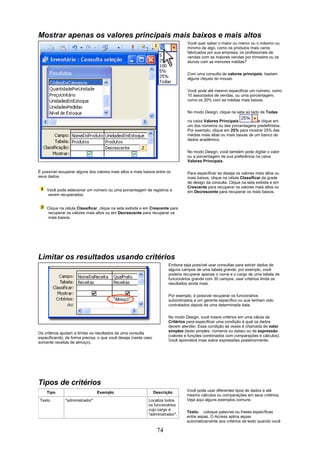 Mostrar apenas os valores principais mais baixos e mais altos
                                                                                  Você quer saber o maior ou menor ou o máximo ou
                                                                                  mínimo de algo, como os produtos mais caros
                                                                                  fabricados por sua empresa, os profissionais de
                                                                                  vendas com as maiores vendas por trimestre ou os
                                                                                  alunos com as menores médias?

                                                                                  Com uma consulta de valores principais, bastam
                                                                                  alguns cliques do mouse.

                                                                                  Você pode até mesmo especificar um número, como
                                                                                  10 associados de vendas, ou uma porcentagem,
                                                                                  como os 20% com as médias mais baixas.

                                                                                  No modo Design, clique na seta ao lado de Todas

                                                                                  na caixa Valores Principais          e clique em
                                                                                  um dos números ou das porcentagens predefinidos.
                                                                                  Por exemplo, clique em 25% para mostrar 25% das
                                                                                  médias mais altas ou mais baixas de um banco de
                                                                                  dados acadêmico.


                                                                                  No modo Design, você também pode digitar o valor
                                                                                  ou a porcentagem de sua preferência na caixa
                                                                                  Valores Principais.

É possível recuperar alguns dos valores mais altos e mais baixos entre os         Para especificar se deseja os valores mais altos ou
seus dados.                                                                       mais baixos, clique na célula Classificar da grade
                                                                                  de design da consulta. Clique na seta exibida e em
                                                                                  Crescente para recuperar os valores mais altos ou
    Você pode selecionar um número ou uma porcentagem de registros a              em Decrescente para recuperar os mais baixos.
    serem recuperados.


    Clique na célula Classificar, clique na seta exibida e em Crescente para
    recuperar os valores mais altos ou em Decrescente para recuperar os
    mais baixos.




Limitar os resultados usando critérios
                                                                        Embora seja possível usar consultas para extrair dados de
                                                                        alguns campos de uma tabela grande, por exemplo, você
                                                                        poderia recuperar apenas o nome e o cargo de uma tabela de
                                                                        funcionários grande com 30 campos, usar critérios limita os
                                                                        resultados ainda mais.


                                                                        Por exemplo, é possível recuperar os funcionários
                                                                        subordinados a um gerente específico ou que tenham sido
                                                                        contratados depois de uma determinada data.

                                                                        No modo Design, você insere critérios em uma célula de
                                                                        Critérios para especificar uma condição à qual os dados
                                                                        devem atender. Essa condição às vezes é chamada de valor
                                                                        simples (texto simples, números ou datas) ou de expressão
Os critérios ajudam a limitar os resultados de uma consulta
especificando, de forma precisa, o que você deseja (neste caso          (valores e funções combinados com comparações e cálculos).
                                                                        Você aprenderá mais sobre expressões posteriormente.
somente receitas de almoço).




Tipos de critérios
    Tipo                         Exemplo                         Descrição       Você pode usar diferentes tipos de dados e até
                                                                                 mesmo cálculos ou comparações em seus critérios.
Texto          "administrador"                              Localiza todos       Veja aqui alguns exemplos comuns:
                                                            os funcionários
                                                            cujo cargo é
                                                                                 Texto: coloque palavras ou frases específicas
                                                            "administrador".
                                                                                 entre aspas. O Access aplica aspas
                                                                                 automaticamente aos critérios de texto quando você

                                                                  74
 