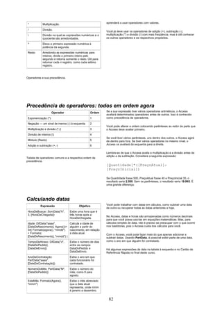 *           Multiplicação.                                 aprenderá a usar operadores com valores.

/           Divisão.
                                                           Você já deve usar os operadores de adição (+), subtração (-),
           Divisão na qual as expressões numéricas e o    multiplicação (*) e divisão (/) com mais freqüência, mas é útil conhecer
            quociente são arredondados.                    os outros operadores e os respectivos propósitos.

^           Eleva a primeira expressão numérica à
            potência da segunda.
Resto       Arredonda as expressões numéricas para
            inteiros, divide o primeiro inteiro pelo
            segundo e retorna somente o resto. Útil para
            retornar cada n registro, como cada sétimo
            registro.



Operadores e sua precedência.




Precedência de operadores: todos em ordem agora
                    Operador                     Ordem     Se a sua expressão tiver vários operadores aritméticos, o Access
                                                           avaliará determinados operadores antes de outros. Isso é conhecido
Exponenciação (^)                                1         como precedência de operadores.

Negação — um sinal de menos (-) à esquerda       2
                                                           Você pode alterar a ordem colocando parênteses ao redor da parte que
Multiplicação e divisão (*,/)                    3         o Access deve avaliar primeiro.
Divisão de inteiros ()                          4
                                                           Se você tiver vários parênteses, uns dentro dos outros, o Access agirá
Módulo (Resto)                                   5         de dentro para fora. Se tiver vários operadores no mesmo nível, o
Adição e subtração (+,-)                         6         Access os avaliará da esquerda para a direita.

                                                           Lembre-se de que o Access avalia a multiplicação e a divisão antes da
                                                           adição e da subtração. Considere a seguinte expressão:
Tabela de operadores comuns e a respectiva ordem da
precedência.
                                                           [Quantidade]*([PreçoAtual]-
                                                           [PreçoInicial])

                                                           Se Quantidade fosse 500, PreçoAtual fosse 40 e PreçoInicial 35, o
                                                           resultado seria 2.500. Sem os parênteses, o resultado seria 19.965. É
                                                           uma grande diferença.




Calculando datas
           Expressão                    Objetivo           Você pode trabalhar com datas em cálculos, como subtrair uma data
                                                           de outra ou recuperar todas as datas anteriores a hoje.
HoraDeBuscar: SomData("h",       Exibe uma hora que é
3, [HoraDeChegada])              três horas após a
                                                           No Access, datas e horas são armazenadas como números decimais
                                 HoraDeChegada.
                                                           para que você possa usá-las em equações matemáticas. Mas, para
Idade: DifData("aaaa",           Calcula a idade de        cálculos simples de data, não é preciso se preocupar com o que ocorre
[DataDeNascimento], Agora())+    alguém a partir do        nos bastidores, pois o Access cuida dos cálculos para você.
Int( Formato(agora(), "mmdd")    nascimento, em relação
< Formato(                       à data atual.             Com o Access, você pode fazer mais do que apenas adicionar e
[DataDeNascimento], "mmdd") )                              subtrair datas. Usando PartData, é possível exibir parte de uma data,
TempoDeAtraso: DifData("d",      Exibe o número de dias    como o ano em que alguém foi contratado.
[DataDoPedido],                  entre os campos
[DataDeEnvio])                   DataDoPedido e            Há algumas expressões de data na tabela à esquerda e no Cartão de
                                 DataDeEnvio.              Referência Rápida no final deste curso.
AnoDaContratação:                Exibe o ano em que
PartData("aaaa",                 cada funcionário foi
[DataDaContratação])             contratado.
NúmeroDoMês: PartData("M",       Exibe o número do
[DataDoPedido])                  mês, como 8 para
                                 agosto.
EsteMês: Formato(Agora(),        Exibe o mês abreviado
"mmm")                           que a data atual
                                 representa, onde mmm
                                 é janeiro a dezembro.


                                                            82
 