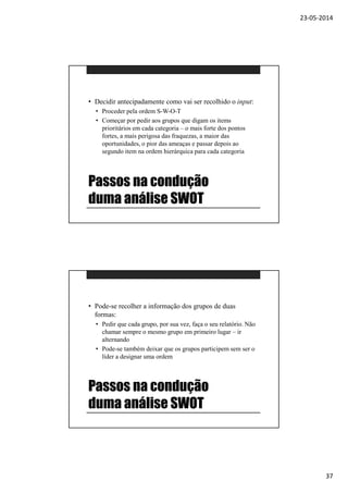 23-05-2014
37
Passos na condução
duma análise SWOT
• Decidir antecipadamente como vai ser recolhido o input:
• Proceder pela ordem S-W-O-T
• Começar por pedir aos grupos que digam os items
prioritários em cada categoria – o mais forte dos pontos
fortes, a mais perigosa das fraquezas, a maior das
oportunidades, o pior das ameaças e passar depois ao
segundo item na ordem hierárquica para cada categoria
Passos na condução
duma análise SWOT
• Pode-se recolher a informação dos grupos de duas
formas:
• Pedir que cada grupo, por sua vez, faça o seu relatório. Não
chamar sempre o mesmo grupo em primeiro lugar – ir
alternando
• Pode-se também deixar que os grupos participem sem ser o
líder a designar uma ordem
 