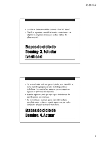 23-05-2014
9
Etapas do ciclo de
Deming: 3. Estudar
(verificar)
• Avaliar os dados recolhidos durante a fase de “Fazer”
• Verificar o grau de coincidência entre estes dados e os
objectivos originais delineados na fase 1 (fase do
planeamento)
Etapas do ciclo de
Deming: 4. Actuar
• Se os resultados indicam que o ciclo foi bem sucedido, a
nova metodologia passa a ser o método padrão de
trabalho e é comunicada a todos os que se encontram
ligados ao processo em melhoria
• Formar o pessoal para que seja capaz de trabalhar de
acordo com o novo método
• Se os resultados indicam que o ciclo não foi bem
sucedido, rever o plano e repetir o processo ou, então,
cancelar o projecto e investir num novo
 