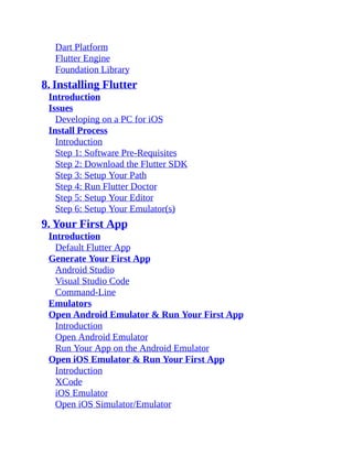 Dart Platform
Flutter Engine
Foundation Library
8. Installing Flutter
Introduction
Issues
Developing on a PC for iOS
Install Process
Introduction
Step 1: Software Pre-Requisites
Step 2: Download the Flutter SDK
Step 3: Setup Your Path
Step 4: Run Flutter Doctor
Step 5: Setup Your Editor
Step 6: Setup Your Emulator(s)
9. Your First App
Introduction
Default Flutter App
Generate Your First App
Android Studio
Visual Studio Code
Command-Line
Emulators
Open Android Emulator & Run Your First App
Introduction
Open Android Emulator
Run Your App on the Android Emulator
Open iOS Emulator & Run Your First App
Introduction
XCode
iOS Emulator
Open iOS Simulator/Emulator
 