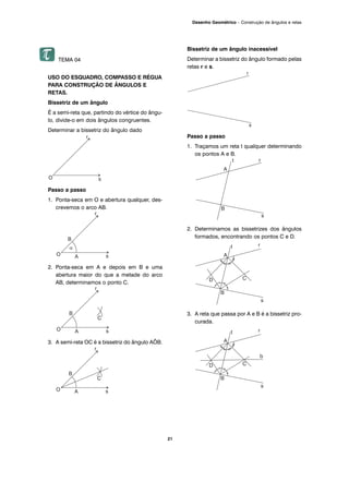 TEMA 04
USO DO ESQUADRO, COMPASSO E RÉGUA
PARA CONSTRUÇÃO DE ÂNGULOS E
RETAS.
Bissetriz de um ângulo
É a semi-reta que, partindo do vértice do ângu-
lo, divide-o em dois ângulos congruentes.
Determinar a bissetriz do ângulo dado
Passo a passo
1. Ponta-seca em O e abertura qualquer, des-
crevemos o arco AB.
2. Ponta-seca em A e depois em B e uma
abertura maior do que a metade do arco
AB, determinamos o ponto C.
3. A semi-reta OC é a bissetriz do ângulo AÔB.
Bissetriz de um ângulo inacessível
Determinar a bissetriz do ângulo formado pelas
retas r e s.
Passo a passo
1. Traçamos um reta t qualquer determinando
os pontos A e B.
2. Determinamos as bissetrizes dos ângulos
formados, encontrando os pontos C e D.
3. A reta que passa por A e B é a bissetriz pro-
curada.
21
Desenho Geométrico – Construção de ângulos e retas
 