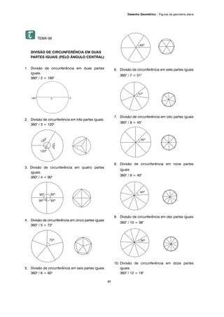 47
Desenho Geométrico – Figuras da geometria plana
TEMA 09
DIVISÃO DE CIRCUNFERÊNCIA EM DUAS
PARTES IGUAIS (PELO ÂNGULO CENTRAL)
1 Divisão de circunferência em duas partes
iguais.
3600
/ 2 = 1800
2. Divisão de circunferência em três partes iguais.
3600
/ 3 = 1200
3. Divisão de circunferência em quatro partes
iguais.
3600
/ 4 = 900
4. Divisão de circunferência em cinco partes iguais
3600
/ 5 = 720
5. Divisão de circunferência em seis partes iguais
3600
/ 6 = 600
6. Divisão de circunferência em sete partes iguais
3600
/ 7 = 510
7. Divisão de circunferência em oito partes iguais
3600
/ 8 = 450
8. Divisão de circunferência em nove partes
iguais
3600
/ 9 = 400
9. Divisão de circunferência em dez partes iguais
3600
/ 10 = 360
10. Divisão de circunferência em doze partes
iguais.
3600
/ 12 = 180
 