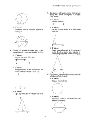 51
Desenho Geométrico – Figuras da geometria plana
c) 3.o
passo:
Finalmente, ligam-se os pontos e define-se
o triângulo.
4. Construir um triângulo isósceles dado o lado
menor (base)
⎯
AB = 2cm e sua altura
⎯
MC = 3,2cm.
a) 1.o
passo:
Traçar o lado base
⎯
AB = 2cm.
b) 2.o
passo:
Pelo ponto médio de
⎯
AB, levantar uma per-
pendicular e nela marcar a altura
⎯
MC.
c) 3.o
passo:
Ligar os pontos ABC do triângulo isósceles.
5. Construir um triângulo isósceles dado o lado
(base)
⎯
AB = 3cm e um ângulo α = 700
adja-
cente à base.
a) 1.o
passo:
Traçar a base AB.
b) 2.o
passo:
Traçar o ângulo α a partir de A, estendendo
o traçado.
c) 3.o
passo:
Repetir a operação a partir de B obtendo-se o
ponto C pelo encontro dos ângulos le-
vantados, ligando os três pontos do triângulo.
6. Construir um triângulo retângulo isósceles ins-
crito à circunferência dada.
a) 1.o
passo:
Traçar a circunferência.
b) 2.o
passo:
Traçar pelo centro da circunferência o lado
AB igual a diâmetro.
M C
A B
A B
 