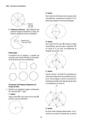 72
UEA – Licenciatura em Matemática
b. Polígonos côncavos – São polígonos que
possuem ângulos reentrantes, ou seja, vér-
tices em direção ao interior do polígono.
Observação:
A tendência de um polígono, à medida que
aumenta o seu número de lados, é de se apro-
ximar da forma de uma circunferência.
Construção de Polígonos Regulares em
função do lado
1. Construir um pentágono regular, conhecendo-
se o seu lado
⎯
AB = 1,6cm.
1.o
passo:
Traçar o lado
⎯
AB e com centro em A e raio
⎯
AB,
construir uma circunferência.
2.o
passo:
Com centro em B e mesmo raio, traça-se outra
circunferência, cortando-se os pontos P e O,
pelos quais passam uma linha prolongada.
3.o
passo:
Com centro em O e raio
⎯
AB, traça-se a última
circunferência, que vai cortar o segmento
⎯
OP
no ponto G e as duas circunferências já
traçadas nos pontos 1 e 2.
4.o
passo:
Une-se o ponto 1 ao ponto G e prolonga-se a
linha assim obtida até a circunferência do cen-
tro A. Une-se depois o ponto 2 ao ponto G e
prolonga-se também esta reta até que ela corte
a circunferência do centro B.
5.o
passo:
As duas linhas traçadas determinarão, no en-
contro com as duas circunferências, os pontos
P
P
O
O
 