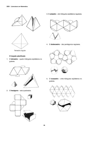 O traçado planificado
1. O tetraedro – quatro triângulos eqüiláteros re-
gulares.
2. O hexágono – seis quadrados.
3. O octaedro – oito triângulos eqüiláteros regulares.
4. O dodecaedro – dez pentágonos regulares.
5. O icosaedro – vinte triângulos eqüiláteros re-
gulares.
86
UEA – Licenciatura em Matemática
 