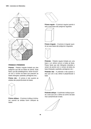 PRISMAS E PIRÂMIDES
Prismas – Poliedro irregular limitado por dois
polígonos que são as bases do prisma. Suas
faces, que são paralelogramos, variam de acor-
do com o número de lados que possuem as
bases (triangular, quadrada, pentagonal, etc.).
Prisma reto – O prisma é reto quando as
arestas são perpendiculares às bases.
Prisma oblíquo – O prisma é oblíquo (inclina-
do) quando as arestas forem oblíquas às
bases.
Prisma regular – O prisma é regular quando é
reto e suas faces são polígonos regulares.
Prisma irregular – O prisma é irregular quan-
do as suas bases são polígonos irregulares.
Pirâmide – Poliedro regular limitado por uma
base e um vértice comum a todas as faces.
Possui faces que são triângulos isósceles e
variam de acordo com o número de lados da
base (triangular, quadrada, pentagonal, etc.)
Pirâmide reta – A pirâmide é reta quando o
eixo que une o seu vértice é perpendicular à
base.
Pirâmide oblíqua – A pirâmide é oblíqua quan-
do o eixo que une o vértice ao centro da base
não é perpendicular à base.
88
UEA – Licenciatura em Matemática
 
