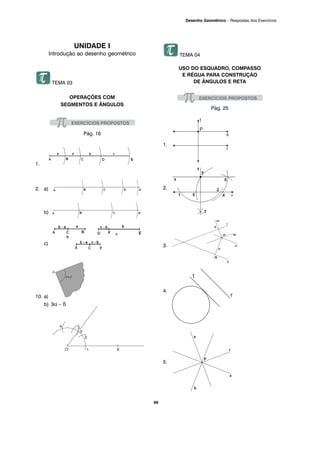 99
Desenho Geométrico – Respostas dos Exercícios
UNIDADE I
Introdução ao desenho geométrico
TEMA 03
OPERAÇÕES COM
SEGMENTOS E ÂNGULOS
Pág. 16
1.
2. a)
b)
c)
10. a)
b) 3α – β
TEMA 04
USO DO ESQUADRO, COMPASSO
E RÉGUA PARA CONSTRUÇÃO
DE ÂNGULOS E RETA
Pág. 25
1.
2.
3.
4.
5.
 