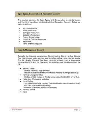 Open Space, Conservation & Recreation Element
The required elements for Open Space and Conservation are similar issues
and therefore, have been combined with the Recreation Element. Below are
topics to address:
• Agricultural Lands
• Water Resources
• Biological Resources
• Extractive Resources
• Energy Conservation
• Historic & Cultural Resources
• Recreation
• Parks and Open Spaces
City of Hanford Page 15
Hazards Management Element
Typically, the Hazards Management Element in the City of Hanford General
Plan has included topics such as seismic safety, safety, noise, and air quality.
The Air Quality Element has been recently updated into a stand-alone
document in 2010 and the City would like to incorporate this element into the
GP.
• Seismic Safety
- Update Seismic Safety Element
- Provide a study related to unreinforced masonry buildings in the City.
• Hanford Emergency Plan
- Update all data related to flood prone areas within the City of Hanford.
• Hazardous Wastes and Materials
• Public Safety
- Incorporate the 2006 Hanford Fire Department Station Location Study
and East side development study.
- Include a location for a new police station
• Hanford Airport
• Noise
 