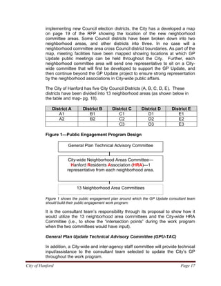 implementing new Council election districts, the City has a developed a map
on page 19 of the RFP showing the location of the new neighborhood
committee areas. Some Council districts have been broken down into two
neighborhood areas, and other districts into three. In no case will a
neighborhood committee area cross Council district boundaries. As part of the
map, meeting facilities have been mapped showing locations at which GP
Update public meetings can be held throughout the City. Further, each
neighborhood committee area will send one representative to sit on a City-
wide committee that will first be developed to support the GP Update, and
then continue beyond the GP Update project to ensure strong representation
by the neighborhood associations in City-wide public affairs.
The City of Hanford has five City Council Districts (A, B, C, D, E). These
districts have been divided into 13 neighborhood areas (as shown below in
the table and map- pg. 18).
District A District B District C District D District E
A1 B1 C1 D1 E1
A2 B2 C2 D2 E2
C3 D3 E3
Figure 1—Public Engagement Program Design
General Plan Technical Advisory Committee
City of Hanford Page 17
City-wide Neighborhood Areas Committee—
Hanford Residents Association (HRA)—1
representative from each neighborhood area.
13 Neighborhood Area Committees
Figure 1 shows the public engagement plan around which the GP Update consultant team
should build their public engagement work program:
It is the consultant team’s responsibility through its proposal to show how it
would utilize the 13 neighborhood area committees and the City-wide HRA
Committee (i.e., to show the “intersection points” during the work program
when the two committees would have input).
General Plan Update Technical Advisory Committee (GPU-TAC)
In addition, a City-wide and inter-agency staff committee will provide technical
input/assistance to the consultant team selected to update the City’s GP
throughout the work program.
 