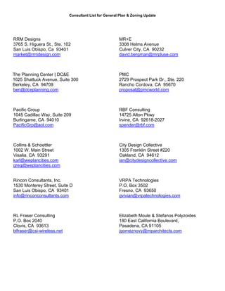 Consultant List for General Plan & Zoning Update
RRM Designs
3765 S. Higuera St., Ste. 102
San Luis Obispo, Ca 93401
market@rrmdesign.com
MR+E
3308 Helms Avenue
Culver City, CA 90232
david.bergman@mrpluse.com
The Planning Center | DC&E
1625 Shattuck Avenue, Suite 300
Berkeley, CA 94709
ben@dceplanning.com
PMC
2729 Prospect Park Dr., Ste. 220
Rancho Cordova, CA 95670
proposal@pmcworld.com
Pacific Group
1045 Cadillac Way, Suite 209
Burlingame, CA 94010
PacificGrp@aol.com
RBF Consulting
14725 Alton Pkwy
Irvine, CA 92618-2027
spender@rbf.com
Collins & Schoettler
1002 W. Main Street
Visalia, CA 93291
karl@weplancities.com
greg@weplancities.com
City Design Collective
1305 Franklin Street #220
Oakland, CA 94612
ian@citydesigncollective.com
Rincon Consultants, Inc.
1530 Monterey Street, Suite D
San Luis Obispo, CA 93401
info@rinconconsultants.com
VRPA Technologies
P.O. Box 3502
Fresno, CA 93650
gvivian@vrpatechnologies.com
RL Fraser Consulting
P.O. Box 2040
Clovis, CA 93613
blfraser@csi-wireless.net
Elizabeth Moule & Stefanos Polyzoides
180 East California Boulevard,
Pasadena, CA 91105
jgomeznovy@mparchitects.com
 