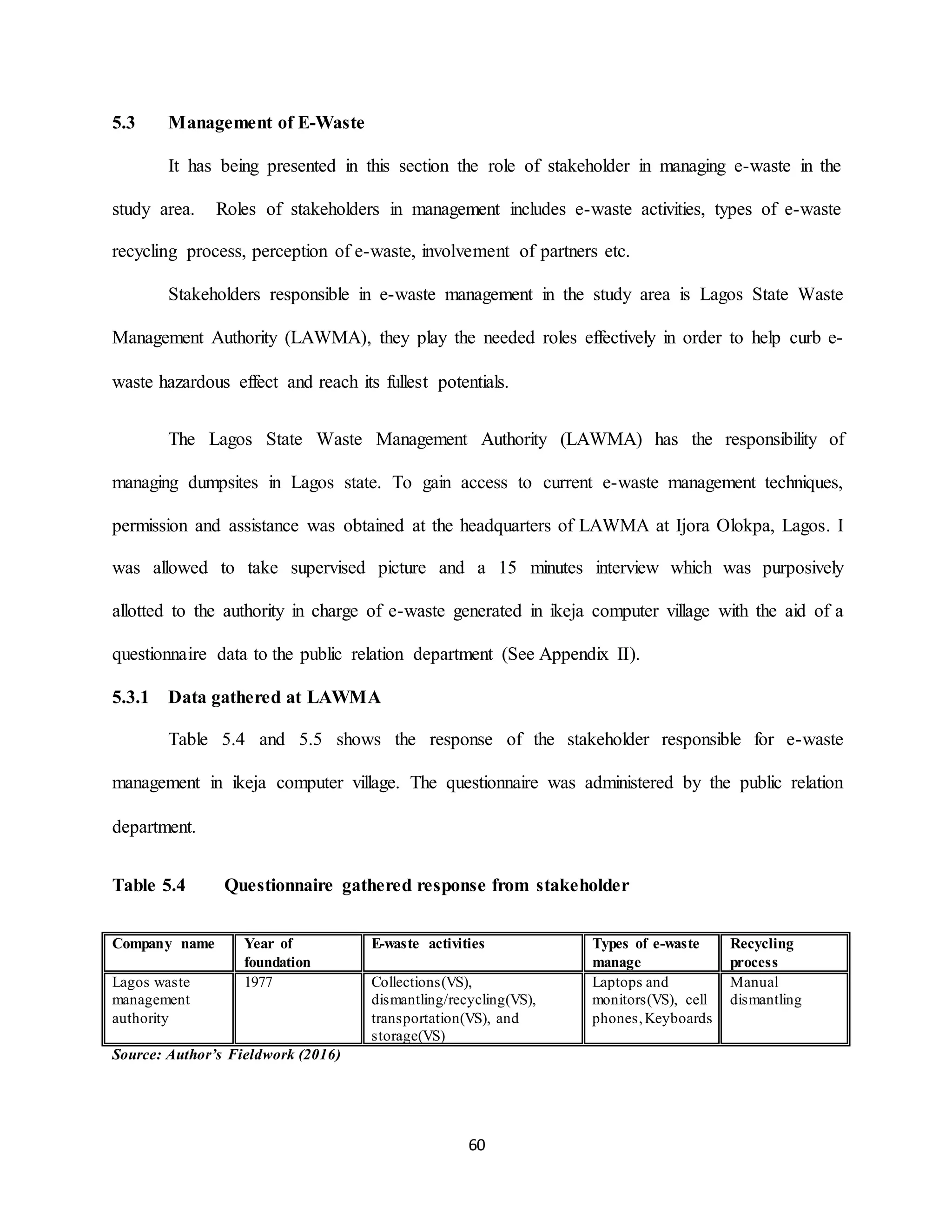 60
5.3 Management of E-Waste
It has being presented in this section the role of stakeholder in managing e-waste in the
study area. Roles of stakeholders in management includes e-waste activities, types of e-waste
recycling process, perception of e-waste, involvement of partners etc.
Stakeholders responsible in e-waste management in the study area is Lagos State Waste
Management Authority (LAWMA), they play the needed roles effectively in order to help curb e-
waste hazardous effect and reach its fullest potentials.
The Lagos State Waste Management Authority (LAWMA) has the responsibility of
managing dumpsites in Lagos state. To gain access to current e-waste management techniques,
permission and assistance was obtained at the headquarters of LAWMA at Ijora Olokpa, Lagos. I
was allowed to take supervised picture and a 15 minutes interview which was purposively
allotted to the authority in charge of e-waste generated in ikeja computer village with the aid of a
questionnaire data to the public relation department (See Appendix II).
5.3.1 Data gathered at LAWMA
Table 5.4 and 5.5 shows the response of the stakeholder responsible for e-waste
management in ikeja computer village. The questionnaire was administered by the public relation
department.
Table 5.4 Questionnaire gathered response from stakeholder
Company name Year of
foundation
E-waste activities Types of e-waste
manage
Recycling
process
Lagos waste
management
authority
1977 Collections(VS),
dismantling/recycling(VS),
transportation(VS), and
storage(VS)
Laptops and
monitors(VS), cell
phones,Keyboards
Manual
dismantling
Source: Author’s Fieldwork (2016)
 