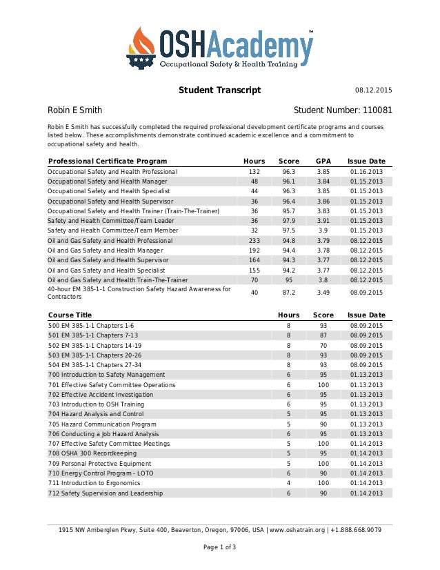 student_transcript_2015 for oshacademy student transcript 08122015 robin e smith student number 110081 1915 nw amberglen pkwy