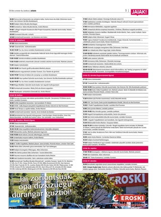 2013ko urriaren 4a, barikua | anboto		 3 |
JAIAK!
18:00 Toricos de la Navarrerìa-ren entzierro txikia, Santa Anan eta Alde Zaharrean (euria
bada, San Antonio-Sta Rita ikastetxean).
18:00 Kalejira Tabira Musika Bandagaz.
19:00 Kontzertua: Tabira Musika Banda, Andra Marian.
19:00 ‘Collage’ tranpolin ikuskizuna (Bot Project konpainia), Ezkurdin (euria bada, Nevers
ikastetxean).
20:00 Erromeria Ezkurdin: Luhartz.
22:00 Kontzertuak txosnetan: Las Disasters eta Hobo.
Urriak 14, astelehena
07:00 Diana txistulariekin.
07:30 ’Zezenak dira’, dultzaineroekin.
10:30-14:00 Txu-txu trena Landako ikastetxearen aurrean.
11:00 Gaztelu puzgarriak eta umeentzako tailerrak Santa Anan (eguraldi txarragaz Andra
Marian). Txosna Batzordea.
11:00-14:00 Txirrista erraldoia Landako ikastetxean.
11:00-14:00 Katakrak umeentzako jolasak Landako eskolan (euria bada, Merkatu plazan).
11:30 Kalejira txistulariekin
12:00-18:00 San Fausto grafiti erakusketa Merkatu plazan.
14:00 Bazkaria nagusientzat Landako Gunean, Duo Twister-ek girotuta.
16:00-19:00 Txirrista erraldoia eta ‘jumping’-a Landako ikastetxean.
16:00-20:00 Haur parkea Ezkurdin (euria bada, San Antonio-Sta Rita ikastetxeko patioan).
16:30-19:00 Txu-txu trena Landako ikastetxearen aurrean.
17:00 Mago Madiber, Ezkurdin (euria bada, San Agustin kulturgunean).
17:30 Kontzertuak txosnetan: Moby Dick eta Ainara Legardon.
19:00 ‘Mediopelo’ antzezlana (Ganso&Cia), Andra Marian.
Urriak 18, barikua
17:00 Gurutze Gorriaren ate irekien jardunaldiak, Ezkurdin. Simulazioa 19:00etan (euria
bada, Landako Gunean).
18:00 Tortilla txapelketa txosnetan. Sari banaketa 19:30ean.
19:30 XXVIII. Cafés Baqué eskupilota txapelketaren finala, Ezkurdi Jai-Alai frontoian.
22:00 Vocal Tempo a capella taldea, Andra Marian.
22:00 Kontzertuak txosnetan: Seiurte, Anai-Arrebak eta Belako.
22:30 Bertsolariak San Agustin kulturgunean: Unai Iturriaga, Amets Arzallus, Jone Uria,
Nerea Ibarzabal, Jon Maia eta Sustrai Colina. Gai Jartzailea: Josu Goikoetxea.
Urriak 19, zapatua. Mozorro Eguna.
07:00 Diana txistulariekin.
07:30 ’Zezenak dira’, dultzaineroekin.
10:30-14:30 Xake txapelketa federatubakoentzat, Ezkurdiko aterpean.
11:00 Nekazaritza azoka, Merkatu plazaren inguruan.
11:00-14:00 Skate eskola Zutundu elkarteagaz, Ezkurdin.
11:00 Umeentzako mozorro tailerra, Andra Marian.
11:30 Kalejira txistulariekin.
12:00 VI. Tortilla Txapelketa, Merkatu plazan. Izena ematea: Pinondo Etxean, urriaren 15era arte.
12:00 Trikitia Alde Zaharreko giroa animatzeko Txiri-Txiri taldeagaz.
12:00 Kalejira Durangoko Orfeoiagaz, Alde Zaharrean.
13:00 Triki-bertso poteoa Alde Zaharrean. Txosna Batzordea.
13:00 Haurren mozorro desfilea eta sari-banaketa Andra Marian.
15:00 Herri bazkaria txosnetan. Gero, eskulanen azoka txikia.
16:00 Kontzertuak ‘Deaffest Musika Kilometroak’. Landako Gunean: Seals (16:15), Moksha
(17:00), On (17:45), Crisisx (18:30), Porco (19:30), Willis Drummond (20:45), Non Servium
(22:00), Berri Txarrak (23:15), Juantxo Skalari (00:45) eta Cohen (02:00). Plateruenan: Sr Mit
(19:00), Krome (19:45), Subestimados (20:30), Herri Oihua (21:15), Amodio (22:00), Kokein
(23:00), Indarrap (00:00), Metenguerra (01:00), Glaukoma (02:00) eta Nao (03:00).
17:00 Futbola Tabira zelaian: Durango Kulturala-Leioa S.D.
17:00 Saskibaloia Landako kiroldegian: Tabirako Baqué-Leihoak Zarautz (gizonezkoen
Lehen mailako partidua).
17:00 Animazioa trikitiarekin, nagusien egoitzan.
18:00 Umeentzat ekintza sorpresa txosnetan. Ondoren, Elkartasun argazki erraldoia.
18:30 Taldekako mozorro desfilea, Madalenatik Andra Marira. Gero, sarien zozketa. Izena
ematea: Pinondo Etxean.
18:30 Kalejira Alde Zaharrean: Sugarri Show.
19:00 ‘Lapsus Kabaret’ ikuskizuna (malabareak, magia, klownak, kontortsionistak...),
udaletxeko plazan (euria bada, Nevers ikastetxean).
20:00 Kontzertua Txosnagunean: Ghetto.
20:00 Animatu aurpegia margotzera Alde Zaharrean. Arte Bizia.
20:00 Jon Urbieta eta Oihan Vega Djak, Andra Marian.
21:00-00:00 Indarkeria sexistarik gabeko txokoa, Txosnagunearen ondoan. Informatu eta
jardun. Berdintasunerako Batzordeak eta Kontseiluak antolatuta
21:00 Suzko zezena, Ezkurdin.
21:30 Animazioa Alde Zaharrean: Ghanako txaranga.
23:00 Kontzertuak txosnetan: Gibelurdiñek eta Luhartz.
23:00 Nuevo Talisman orkestra, Ezkurdin.
00:00-03:00 Alkoholemia kontrolaren stand informatiboa, eta ‘testing’ programa Ai Laket!
elkartearen eskutik, txosnetan. Durangaldeko Amankomunazgoa.
Urriak 20, domeka (Ingurumenaren Eguna)
07:00 Diana txistulariekin.
07:30 ’Zezenak dira’, dultzaineroekin.
10:00-14:00 Haur parkea, Ezkurdin (euria bada, San Antonio-Sta. Rita ikastetxeko patioan).
10:00-14:00 Areto-futbol txapelketa 3x3, Merkatu plazan. Baita 16:00etatik 20:00etara ere
(izena ematea Pinondo Etxean, urriaren 15era arte.
11:30 Kalejira txistulariekin.
11:30 Bizikleta jaia familia osoarentzat, Andra Mariatik irtenda.
12:00 XXX. San Fausto Zesta-punta txapelketaren finalak, Ezkurdi Jai-Alai frontoian.
12:00 II. Padel Txapelketaren finalak, Landako Kirol Gunean.
12:00 Zatoz ponian ibiltzera, Landako parkean.
12:00-14:00 Arku tirorako gunea, Landako parkean.
12:30 Hegazti harrapakarien erakustaldia, Santa Ana plazan.
12:30 Herri-kirol erakustaldia Ezkurdin (euria bada, Landako Gunean).
13:00 I. Argazki Txapelketaren sari banaketa, San Agustin kulturgunean.
13:30 Bilbainadak Andra Marian: Gaupasa taldea.
16:00-19:30 Kondaira ludoteka, Ezkurdin: Magik txapelketa (izena ematea 16:00etatik
16:30era), mahai-jokoak eta Warhamer erakusketa. Baita haurrentzako jokoak ere: Ecoxoc
(euria bada, Landako Gunean).
17:30 ‘Jarri ta altxa’ ikuskizuna (Txirri, Mirri eta Txiribiton) Ezkurdin (euria bada, Nevers
ikastetxean).
18:00 Jotak Andra Marian: Corrientes Navarras taldea.
18:30 Kalejira Guretzat fanfarreagaz.
19:30 Kalejira Patxikotxuri agur esateko udaletxeko plazatik Landako skate pistaraino.
Bertan jaien bukaera, 20:00etan.
Urriak 26, zapatua
17:00-19:00 Durangoko I. Atletismo Eguna, Ezkurdin (euria bada, Merkatu plazan).
19:30 Herri lasterketa, Alde Zaharrean.
20:00 XIX. Txistu Kontzertua, Landako Gunean.
Urriak 27, domeka
10:00 Barazkiekin egindako janari osasuntsuen txapelketa, Landako Gunean.
XLVII. Umeen Euskal Jaia: Merkatu plazan elkartuko dira talde guztiak 12:00etarako, eta
kalejira egingo dute. Dantzarien alardea 17:00etan, Ezkurdin (euria bada, Merkatu Plazan).
 