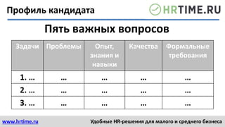 www.hrtime.ru Удобные HR-решения для малого и среднего бизнеса
Профиль кандидата
Пять важных вопросов
Задачи Проблемы Опыт,
знания и
навыки
Качества Формальные
требования
1. … … … … …
2. … … … … …
3. … … … … …
 