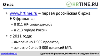 www.hrtime.ru Удобные HR-решения для малого и среднего бизнеса
• www.hrtime.ru – первая российская биржа
HR-фриланса
– 9 011 HR-специалистов
– в 213 городе России
• с 2011 года:
– выполнено 1 965 проектов,
– закрыто более 5 000 вакансий МП.
О нас
 