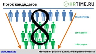 откликнулись
собеседуем
собеседуем
Поток кандидатов
www.hrtime.ru Удобные HR-решения для малого и среднего бизнеса
 