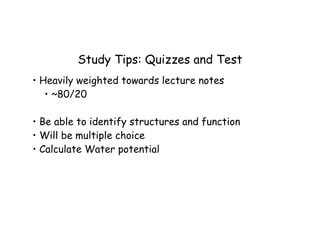 Study Tips: Quizzes and Test
• Heavily weighted towards lecture notes
   • ~80/20

• Be able to identify structures and function
• Will be multiple choice
• Calculate Water potential
 