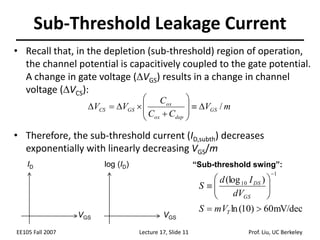 EE105 Fall 2007 Lecture 17, Slide 11 Prof. Liu, UC Berkeley
Sub-Threshold Leakage Current
• Recall that, in the depletion (sub-threshold) region of operation,
the channel potential is capacitively coupled to the gate potential.
A change in gate voltage (VGS) results in a change in channel
voltage (VCS):
• Therefore, the sub-threshold current (ID,subth) decreases
exponentially with linearly decreasing VGS/m
m
V
C
C
C
V
V GS
dep
ox
ox
GS
CS /















log (ID)
VGS
ID
VGS
mV/dec
60
)
10
(
ln
)
(log
1
10












T
GS
DS
mV
S
dV
I
d
S
“Sub-threshold swing”:
 