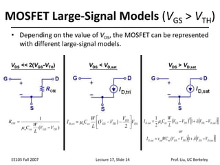 EE105 Fall 2007 Lecture 17, Slide 14 Prof. Liu, UC Berkeley
MOSFET Large-Signal Models (VGS > VTH)
• Depending on the value of VDS, the MOSFET can be represented
with different large-signal models.
   
 
 
 
sat
D
DS
TH
GS
ox
sat
sat
D
sat
D
DS
TH
GS
ox
n
sat
D
V
V
V
V
WC
v
I
or
V
V
V
V
L
W
C
I
,
,
,
2
,
1
)
(
1
2
1











VDS << 2(VGS-VTH)
)
(
1
TH
GS
ox
n
ON
V
V
L
W
C
R



VDS < VD,sat
DS
DS
TH
GS
ox
n
tri
D V
V
V
V
L
W
C
I 








2
)
(
, 
VDS > VD,sat
 