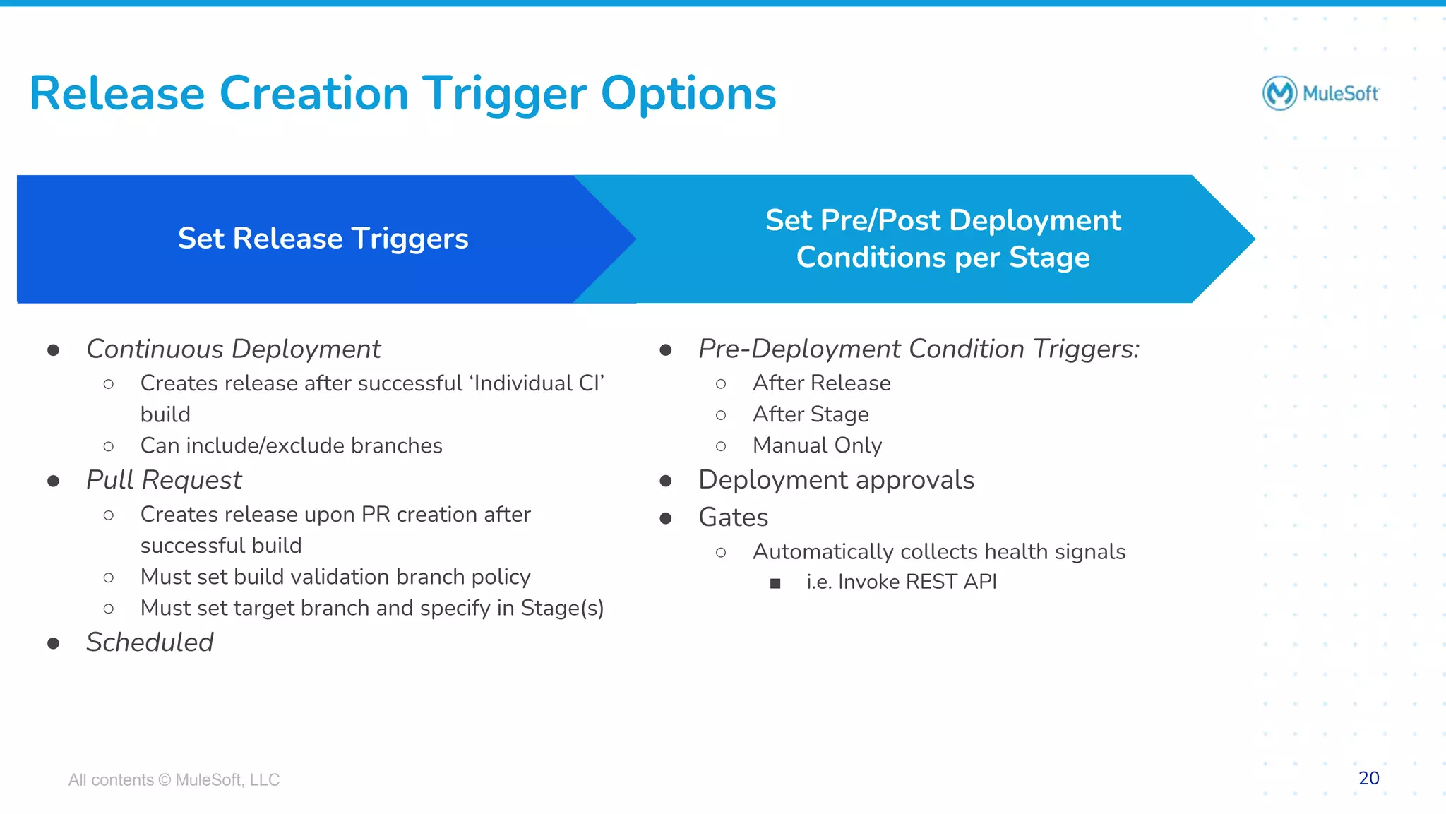 All contents © MuleSoft, LLC
Release Creation Trigger Options
20
● Continuous Deployment
○ Creates release after successful ‘Individual CI’
build
○ Can include/exclude branches
● Pull Request
○ Creates release upon PR creation after
successful build
○ Must set build validation branch policy
○ Must set target branch and specify in Stage(s)
● Scheduled
Set Release Triggers
● Pre-Deployment Condition Triggers:
○ After Release
○ After Stage
○ Manual Only
● Deployment approvals
● Gates
○ Automatically collects health signals
■ i.e. Invoke REST API
Set Pre/Post Deployment
Conditions per Stage
 