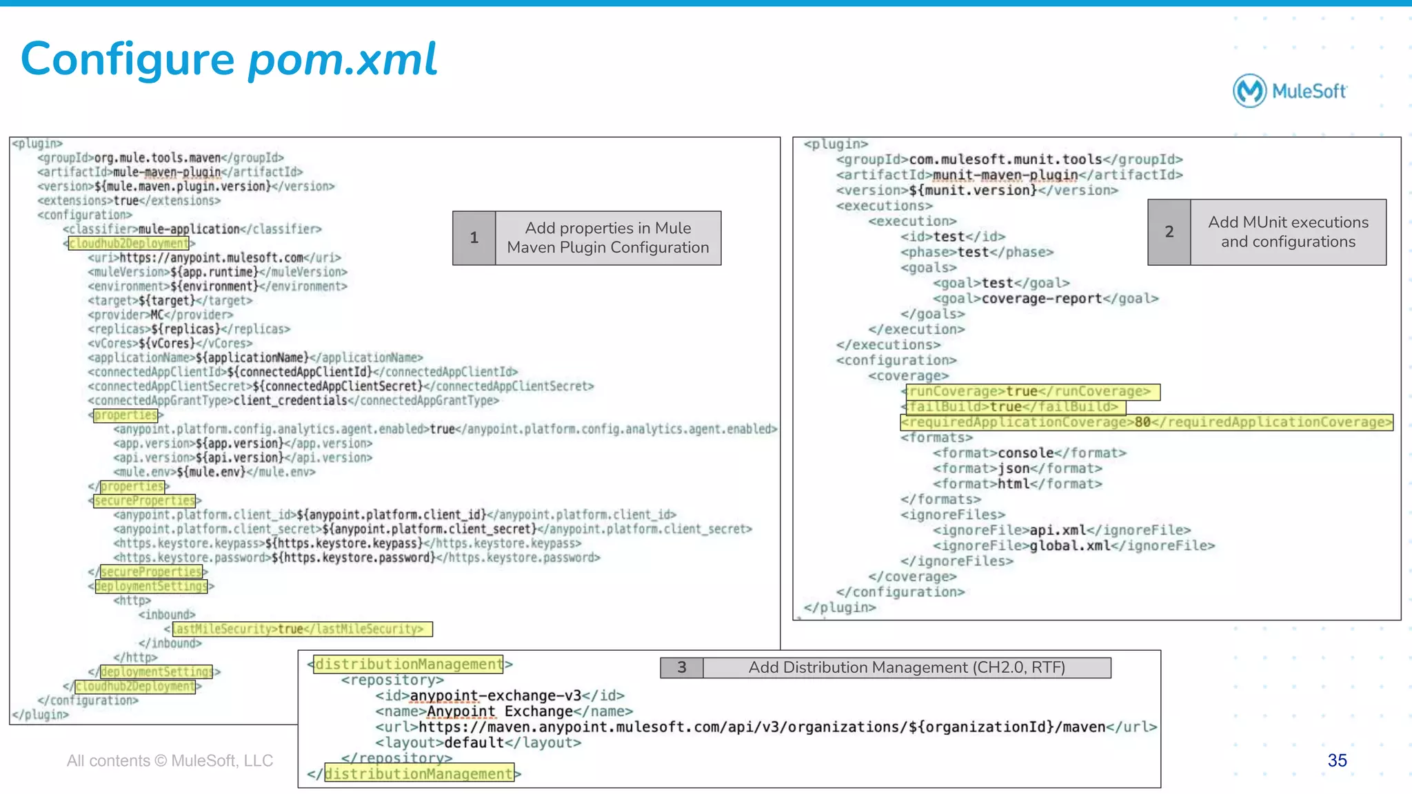 All contents © MuleSoft, LLC
1
Add properties in Mule
Maven Plugin Configuration
Configure pom.xml
35
Add MUnit executions
and configurations
2
3 Add Distribution Management (CH2.0, RTF)
 