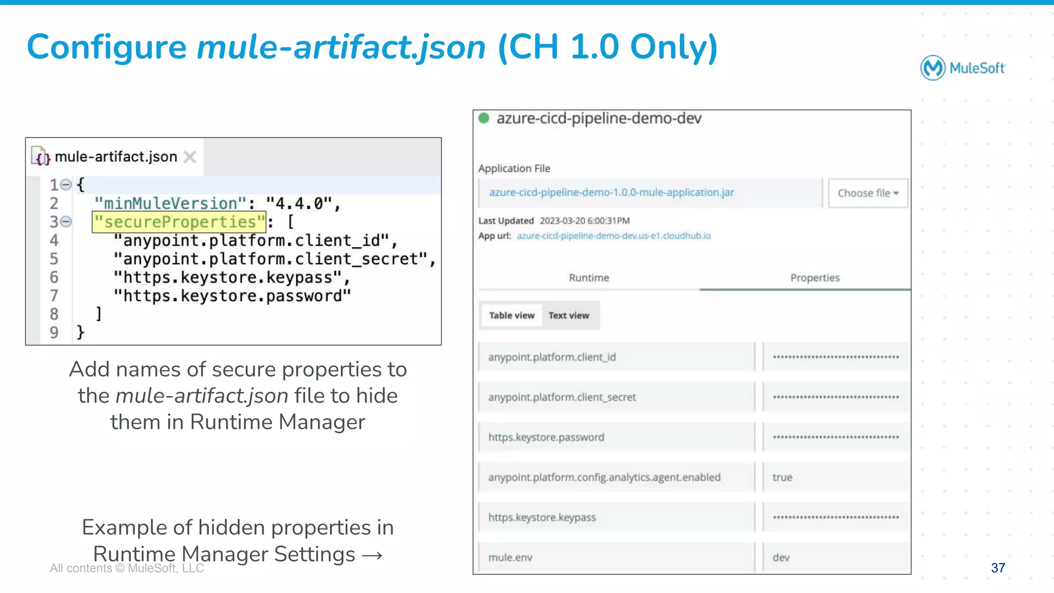 All contents © MuleSoft, LLC
Configure mule-artifact.json (CH 1.0 Only)
37
Add names of secure properties to
the mule-artifact.json file to hide
them in Runtime Manager
Example of hidden properties in
Runtime Manager Settings →
 
