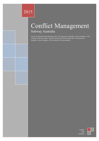 Conflict Management
Subway Australia
[Type the abstract of the document here. The abstract is typically a short summary of the
contents ofthe document. Type the abstract of the document here. The abstract is
typically a short summary of the contents of the document.]
2015
NAME
UNI
1/30/2015
 