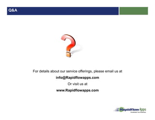 Q&A
For details about our service offerings, please email us at
info@Rapidflowapps.com
Or visit us at
www.Rapidflowapps.com
 