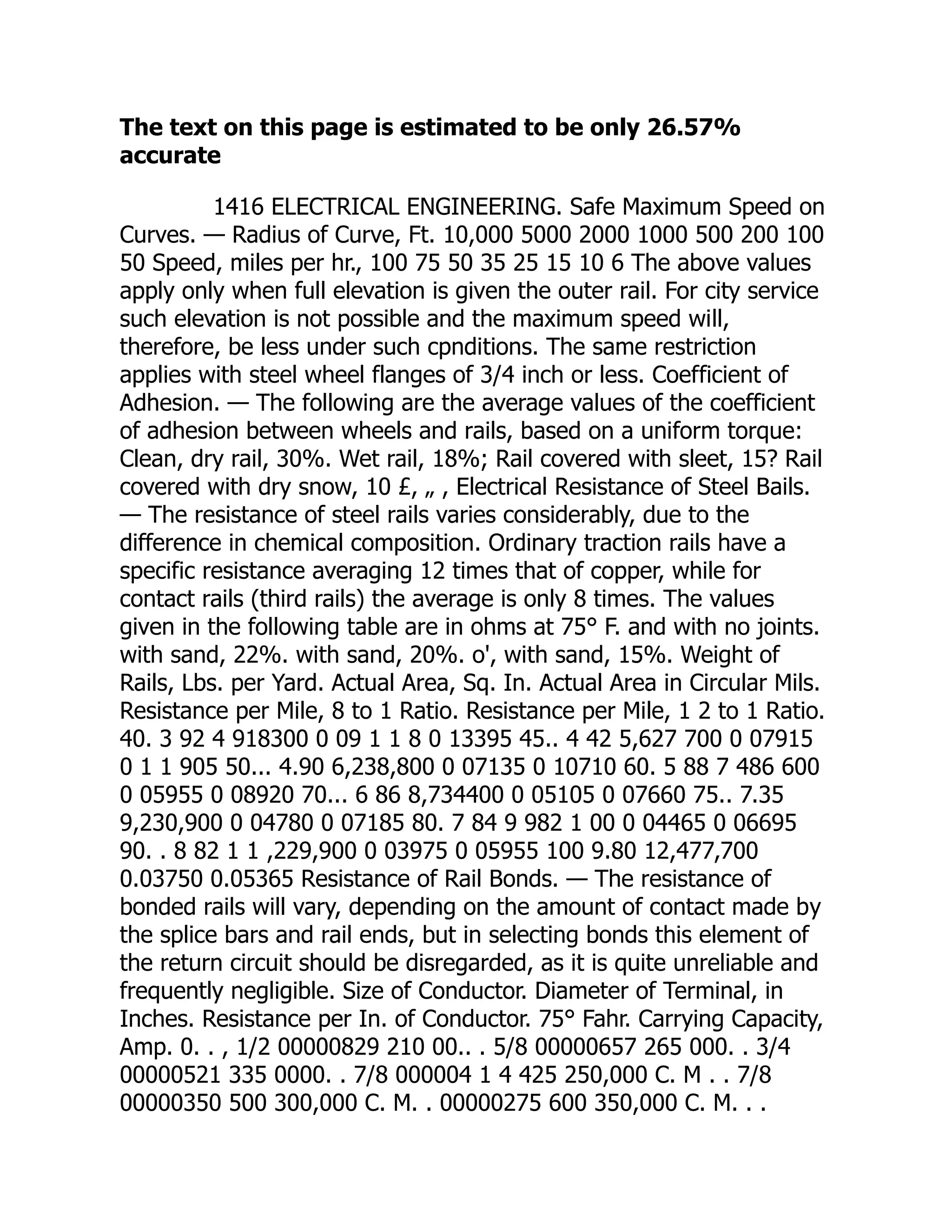 The text on this page is estimated to be only 26.57%
accurate
1416 ELECTRICAL ENGINEERING. Safe Maximum Speed on
Curves. — Radius of Curve, Ft. 10,000 5000 2000 1000 500 200 100
50 Speed, miles per hr., 100 75 50 35 25 15 10 6 The above values
apply only when full elevation is given the outer rail. For city service
such elevation is not possible and the maximum speed will,
therefore, be less under such cpnditions. The same restriction
applies with steel wheel flanges of 3/4 inch or less. Coefficient of
Adhesion. — The following are the average values of the coefficient
of adhesion between wheels and rails, based on a uniform torque:
Clean, dry rail, 30%. Wet rail, 18%; Rail covered with sleet, 15? Rail
covered with dry snow, 10 £, „ , Electrical Resistance of Steel Bails.
— The resistance of steel rails varies considerably, due to the
difference in chemical composition. Ordinary traction rails have a
specific resistance averaging 12 times that of copper, while for
contact rails (third rails) the average is only 8 times. The values
given in the following table are in ohms at 75° F. and with no joints.
with sand, 22%. with sand, 20%. o', with sand, 15%. Weight of
Rails, Lbs. per Yard. Actual Area, Sq. In. Actual Area in Circular Mils.
Resistance per Mile, 8 to 1 Ratio. Resistance per Mile, 1 2 to 1 Ratio.
40. 3 92 4 918300 0 09 1 1 8 0 13395 45.. 4 42 5,627 700 0 07915
0 1 1 905 50... 4.90 6,238,800 0 07135 0 10710 60. 5 88 7 486 600
0 05955 0 08920 70... 6 86 8,734400 0 05105 0 07660 75.. 7.35
9,230,900 0 04780 0 07185 80. 7 84 9 982 1 00 0 04465 0 06695
90. . 8 82 1 1 ,229,900 0 03975 0 05955 100 9.80 12,477,700
0.03750 0.05365 Resistance of Rail Bonds. — The resistance of
bonded rails will vary, depending on the amount of contact made by
the splice bars and rail ends, but in selecting bonds this element of
the return circuit should be disregarded, as it is quite unreliable and
frequently negligible. Size of Conductor. Diameter of Terminal, in
Inches. Resistance per In. of Conductor. 75° Fahr. Carrying Capacity,
Amp. 0. . , 1/2 00000829 210 00.. . 5/8 00000657 265 000. . 3/4
00000521 335 0000. . 7/8 000004 1 4 425 250,000 C. M . . 7/8
00000350 500 300,000 C. M. . 00000275 600 350,000 C. M. . .
 