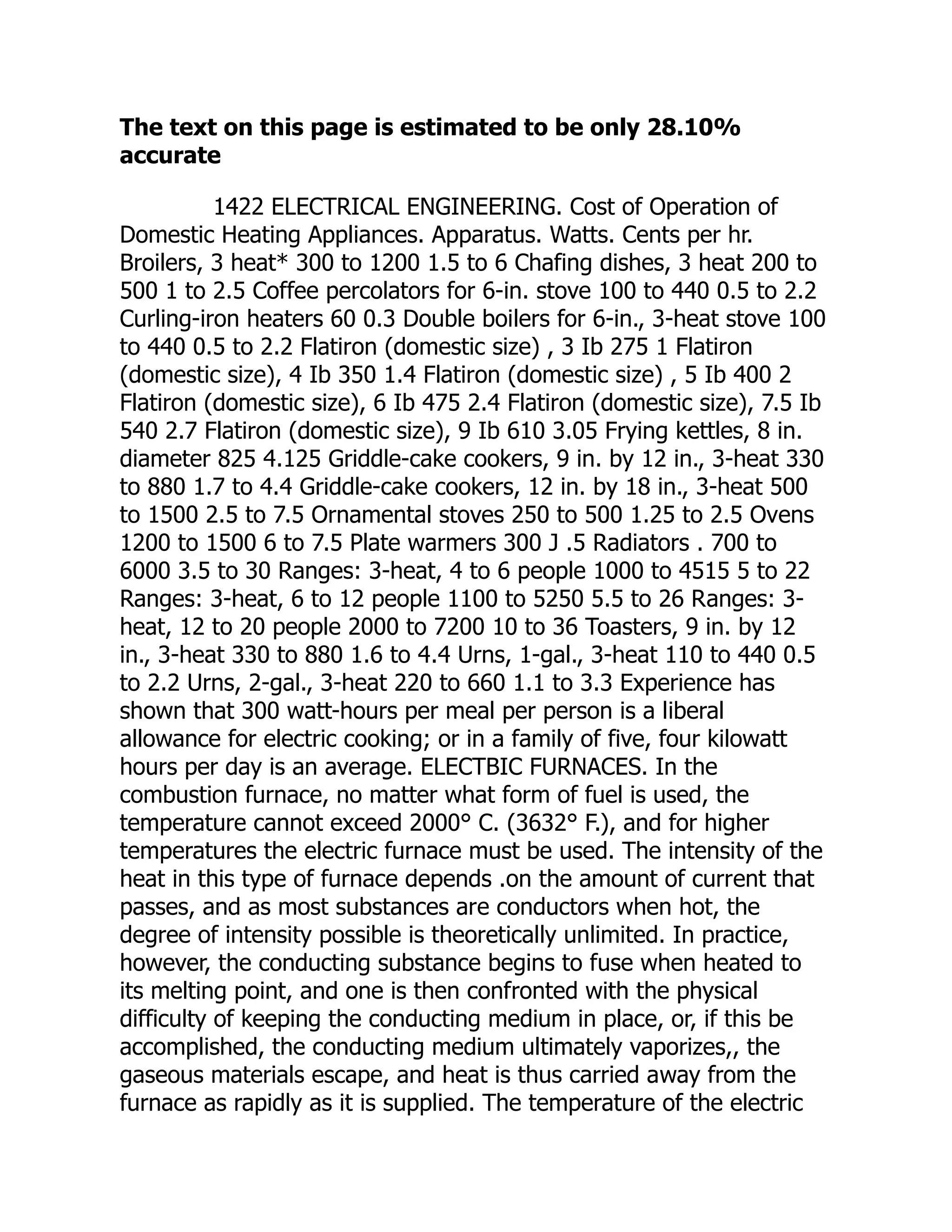 The text on this page is estimated to be only 28.10%
accurate
1422 ELECTRICAL ENGINEERING. Cost of Operation of
Domestic Heating Appliances. Apparatus. Watts. Cents per hr.
Broilers, 3 heat* 300 to 1200 1.5 to 6 Chafing dishes, 3 heat 200 to
500 1 to 2.5 Coffee percolators for 6-in. stove 100 to 440 0.5 to 2.2
Curling-iron heaters 60 0.3 Double boilers for 6-in., 3-heat stove 100
to 440 0.5 to 2.2 Flatiron (domestic size) , 3 Ib 275 1 Flatiron
(domestic size), 4 Ib 350 1.4 Flatiron (domestic size) , 5 Ib 400 2
Flatiron (domestic size), 6 Ib 475 2.4 Flatiron (domestic size), 7.5 Ib
540 2.7 Flatiron (domestic size), 9 Ib 610 3.05 Frying kettles, 8 in.
diameter 825 4.125 Griddle-cake cookers, 9 in. by 12 in., 3-heat 330
to 880 1.7 to 4.4 Griddle-cake cookers, 12 in. by 18 in., 3-heat 500
to 1500 2.5 to 7.5 Ornamental stoves 250 to 500 1.25 to 2.5 Ovens
1200 to 1500 6 to 7.5 Plate warmers 300 J .5 Radiators . 700 to
6000 3.5 to 30 Ranges: 3-heat, 4 to 6 people 1000 to 4515 5 to 22
Ranges: 3-heat, 6 to 12 people 1100 to 5250 5.5 to 26 Ranges: 3-
heat, 12 to 20 people 2000 to 7200 10 to 36 Toasters, 9 in. by 12
in., 3-heat 330 to 880 1.6 to 4.4 Urns, 1-gal., 3-heat 110 to 440 0.5
to 2.2 Urns, 2-gal., 3-heat 220 to 660 1.1 to 3.3 Experience has
shown that 300 watt-hours per meal per person is a liberal
allowance for electric cooking; or in a family of five, four kilowatt
hours per day is an average. ELECTBIC FURNACES. In the
combustion furnace, no matter what form of fuel is used, the
temperature cannot exceed 2000° C. (3632° F.), and for higher
temperatures the electric furnace must be used. The intensity of the
heat in this type of furnace depends .on the amount of current that
passes, and as most substances are conductors when hot, the
degree of intensity possible is theoretically unlimited. In practice,
however, the conducting substance begins to fuse when heated to
its melting point, and one is then confronted with the physical
difficulty of keeping the conducting medium in place, or, if this be
accomplished, the conducting medium ultimately vaporizes,, the
gaseous materials escape, and heat is thus carried away from the
furnace as rapidly as it is supplied. The temperature of the electric
 