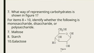 7. What way of representing carbohydrates is
shown in figure 1?
For items 8 – 10, identify whether the following is
monosaccharide, disaccharide, or
polysaccharide.
7. Maltose
8. Starch
10.Galactose
Figure
1
 