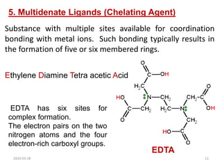5. Multidenate Ligands (Chelating Agent)
Substance with multiple sites available for coordination
bonding with metal ions. Such bonding typically results in
the formation of five or six membered rings.
EDTA
EDTA has six sites for
complex formation.
The electron pairs on the two
nitrogen atoms and the four
electron-rich carboxyl groups.
Ethylene Diamine Tetra acetic Acid
2020-03-28 12
 