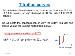 Titration curves
For derivation of the titration curve, consider the titration of 50.0 mL
of 0.1 M solution of Mg2+ (buffered at pH 10) with 0.1 M EDTA
solution.
1) pMg before the addition of EDTA
Mg2+ = 0.1 M , so, pMg=-log (0.1)=1.0
We calculate the concentration of Mg2+ (as pMg= -log(Mg) and
plotted versus the volume added from ETDA
pMg
Volume EDTA (ml)
2020-03-28 18
 