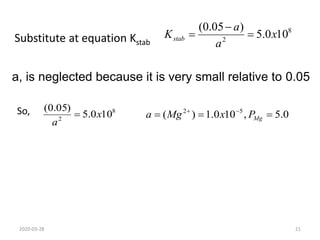 8
2
10
0
.
5
)
05
.
0
(
x
a

So,
a, is neglected because it is very small relative to 0.05
0
.
5
,
10
0
.
1
)
( 5
2


 

Mg
P
x
Mg
a
Substitute at equation Kstab
8
2
10
0
.
5
)
05
.
0
(
x
a
a
Kstab 


2020-03-28 21
 